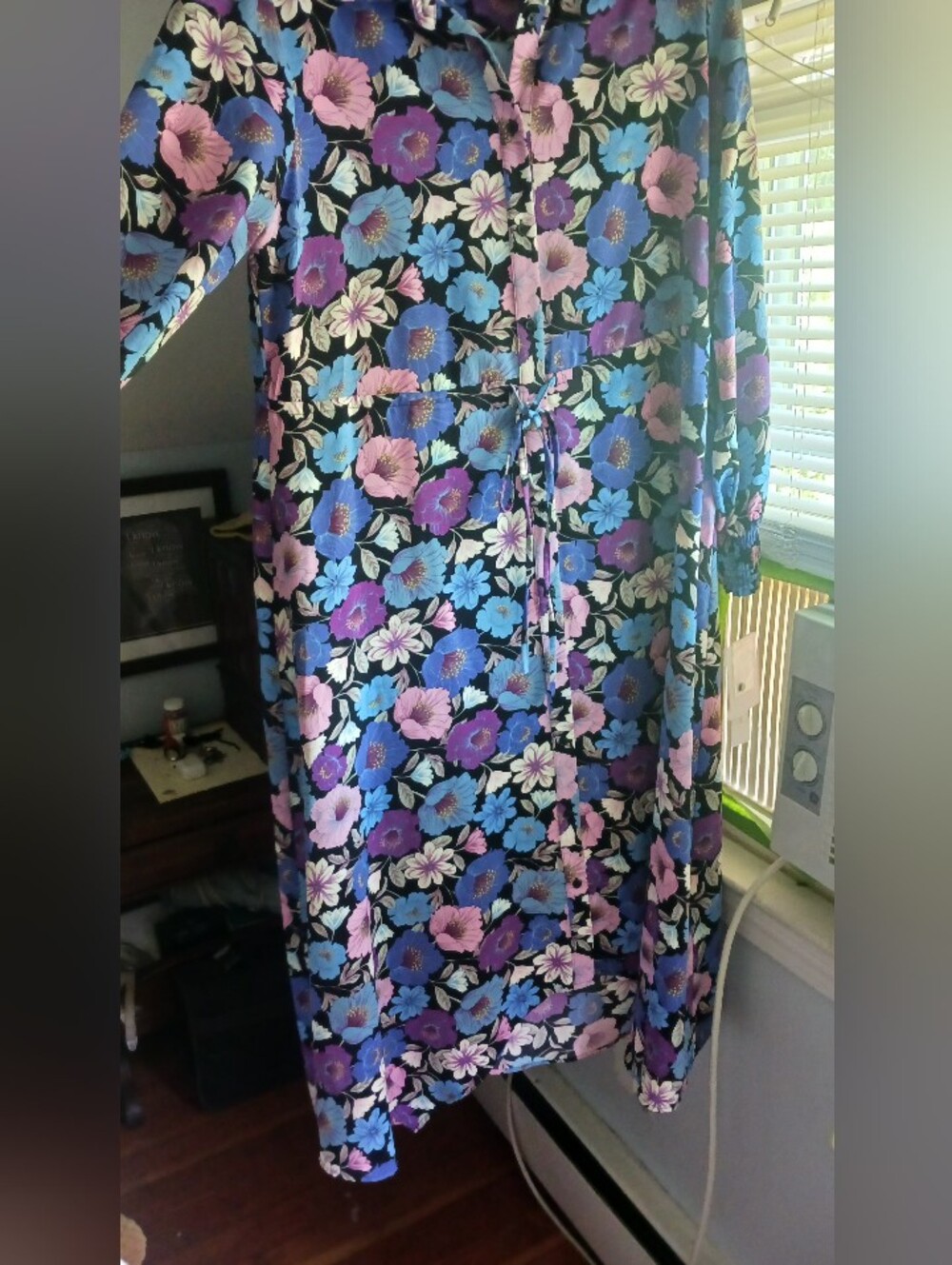 Nicole Miller Black Floral Long-Sleeve Dress with Blue and Purple Flowers